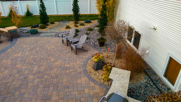 Paver Patio, Fire Pit, Seat Walls, Columns, Integrated Lighting