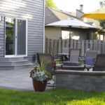 Paver patio, Circular Fire Pit, Seat wall